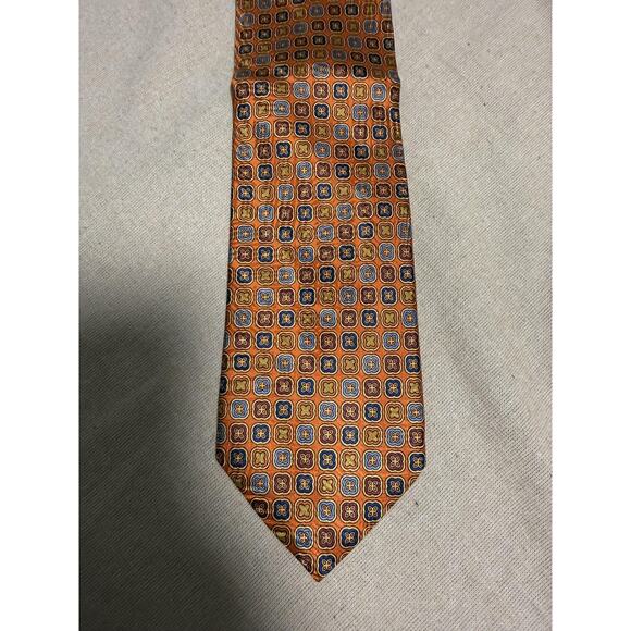 Brioni Other - Brioni Tie Mens Orange Blue Silk Handmade in Italy Medallion Geometric Necktie